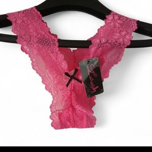 NWT Hot Pink Lace Thong with Black Bow V-string